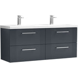 Nuie Deco 1200mm Wall Hung Double Basin Vanity Unit & Basin, 4 Drawers Soft Black DPF1493F