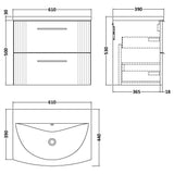Nuie Deco 600mm Wall Hung 2 Drawer Vanity Unit & Basin Soft Black DPF1493G LD