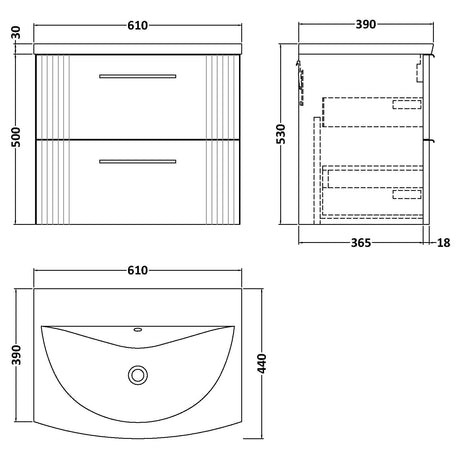 Nuie Deco 600mm Wall Hung 2 Drawer Vanity Unit & Basin Soft Black DPF1493G LD