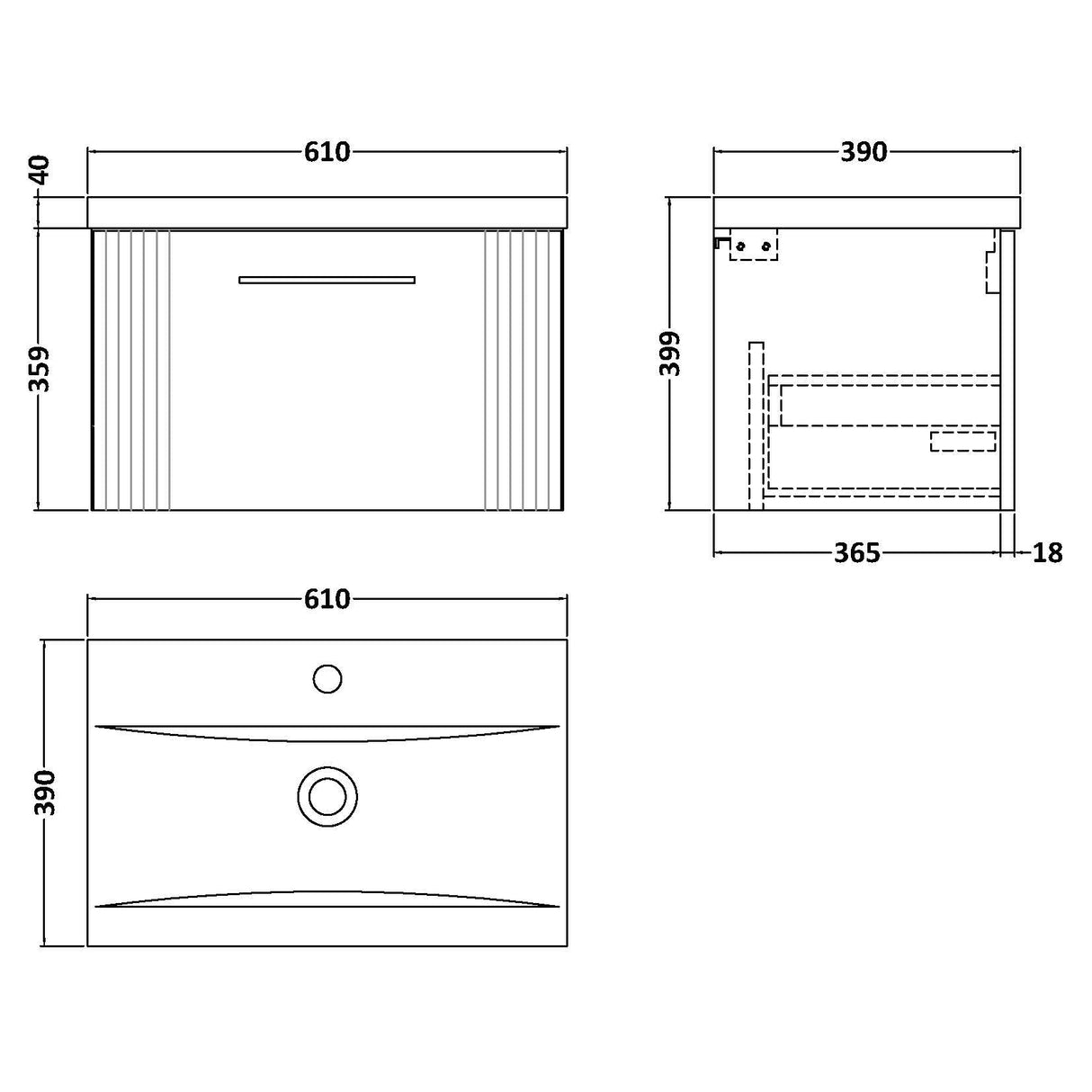 Nuie Deco 600mm Wall Hung 1 Drawer Vanity Unit & Basin Soft Black DPF1494A LD