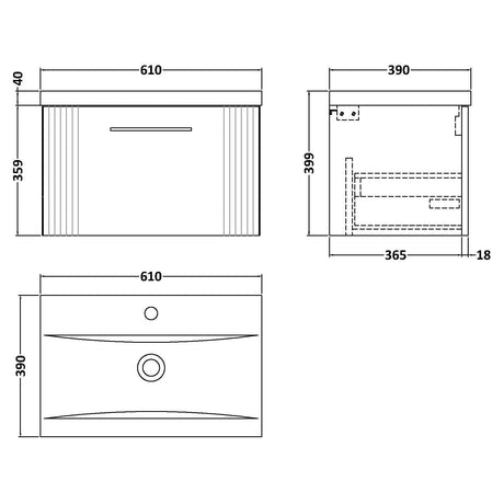 Nuie Deco 600mm Wall Hung 1 Drawer Vanity Unit & Basin Soft Black DPF1494A LD