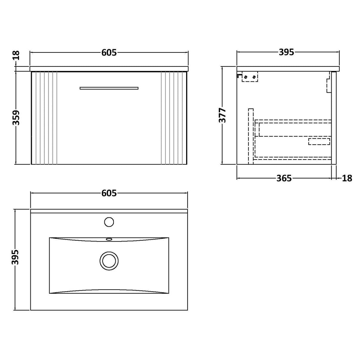 Nuie Deco 600mm Wall Hung 1 Drawer Vanity Unit & Basin Soft Black DPF1494B LD
