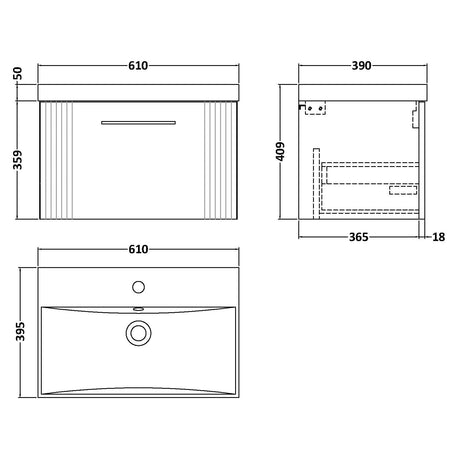 Nuie Deco 600mm Wall Hung 1 Drawer Vanity Unit & Basin Soft Black DPF1494D LD