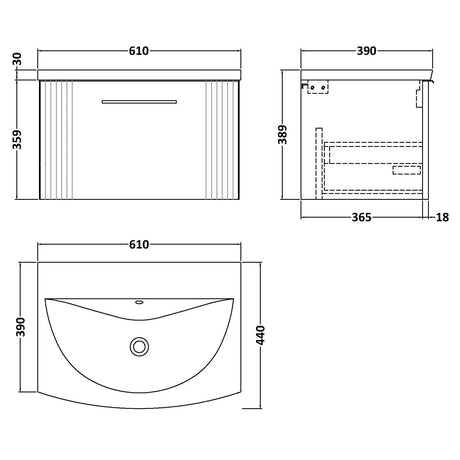 Nuie Deco 600mm Wall Hung 1 Drawer Vanity Unit & Basin Soft Black DPF1494G LD