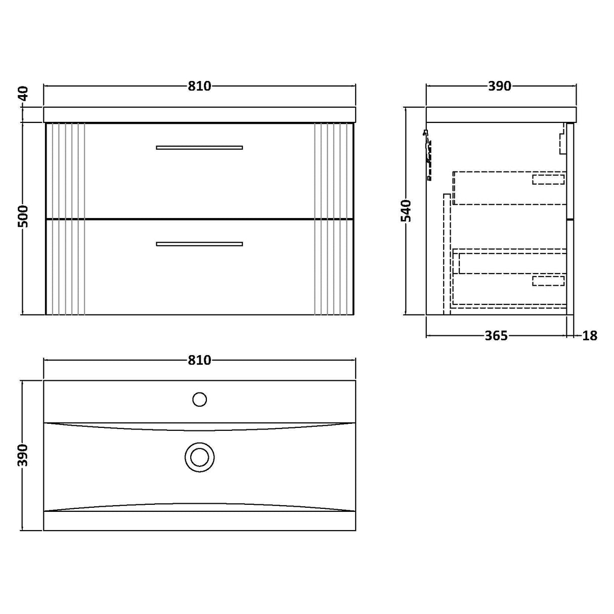 Nuie Deco 800mm Wall Hung 2 Drawer Vanity Unit & Basin Soft Black DPF1495A LD
