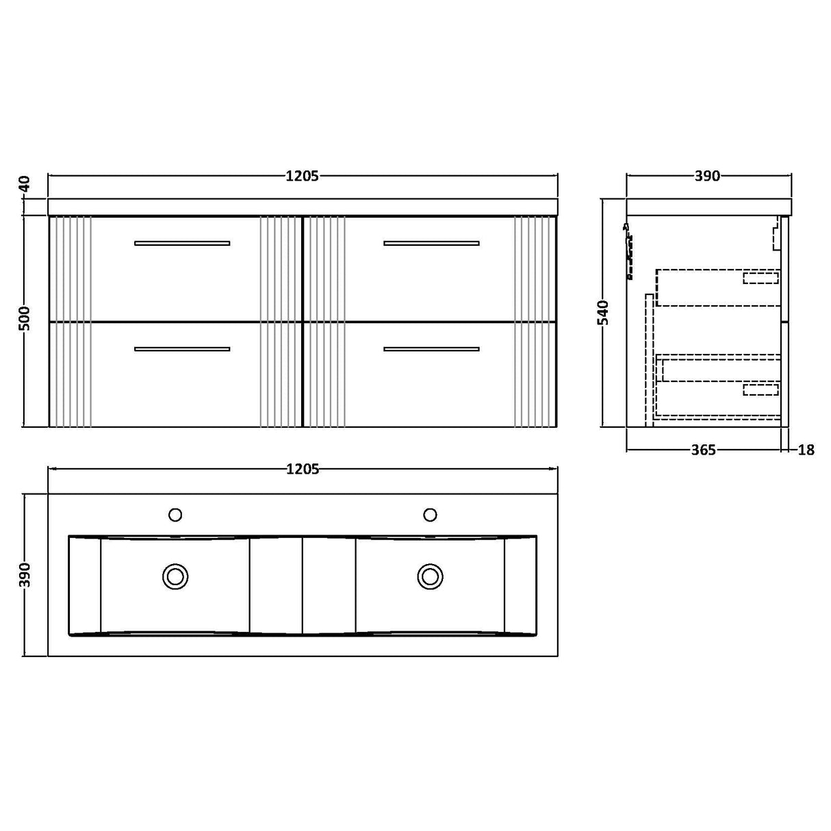 Nuie Deco 1200mm Wall Hung Double Basin Vanity Unit & Basin, 4 Drawers Satin White DPF193F LD
