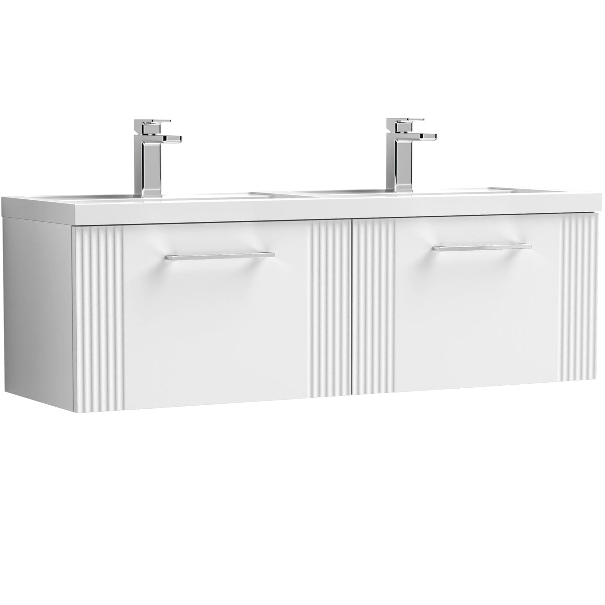 Nuie Deco 1200mm Wall Hung Double Basin Vanity Unit & Basin, 2 Drawers Satin White DPF194C