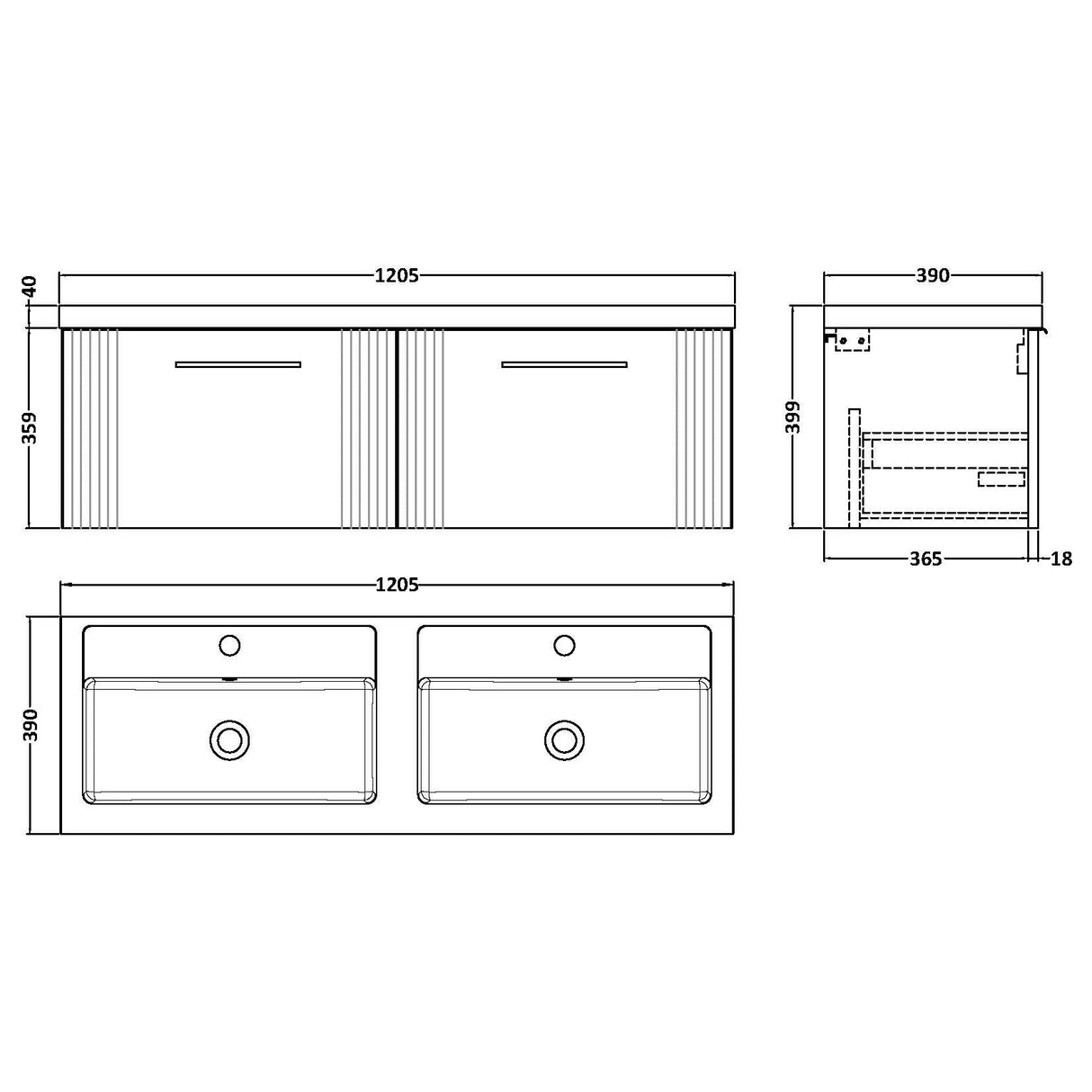 Nuie Deco 1200mm Wall Hung Double Basin Vanity Unit & Basin, 2 Drawers Satin White DPF194C LD