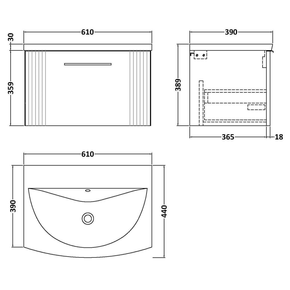 Nuie Deco 600mm Wall Hung 1 Drawer Vanity Unit & Basin Satin White DPF194G LD