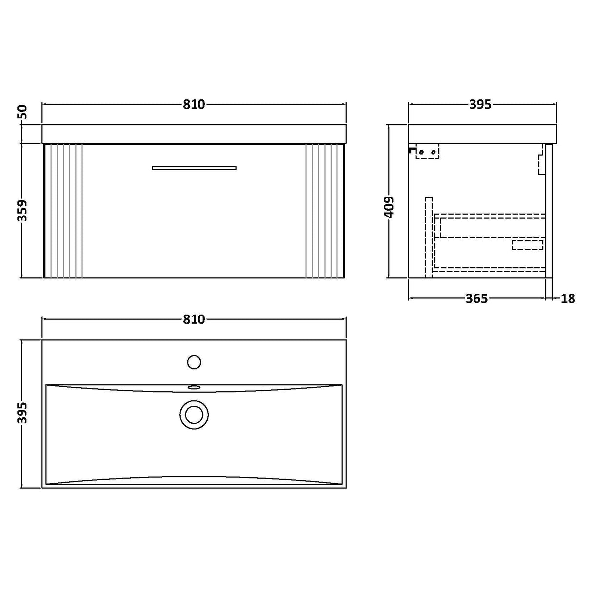 Nuie Deco 800mm Wall Hung 1 Drawer Vanity Unit & Basin Satin White DPF196D LD