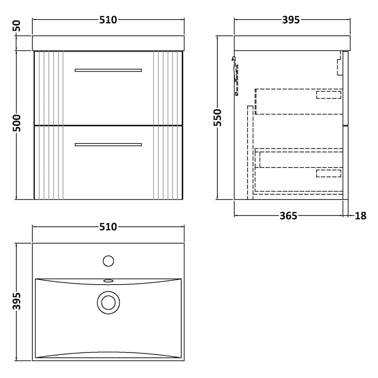 Nuie Deco 500mm Wall Hung 2 Drawer Vanity Unit & Basin Satin Grey DPF292D LD