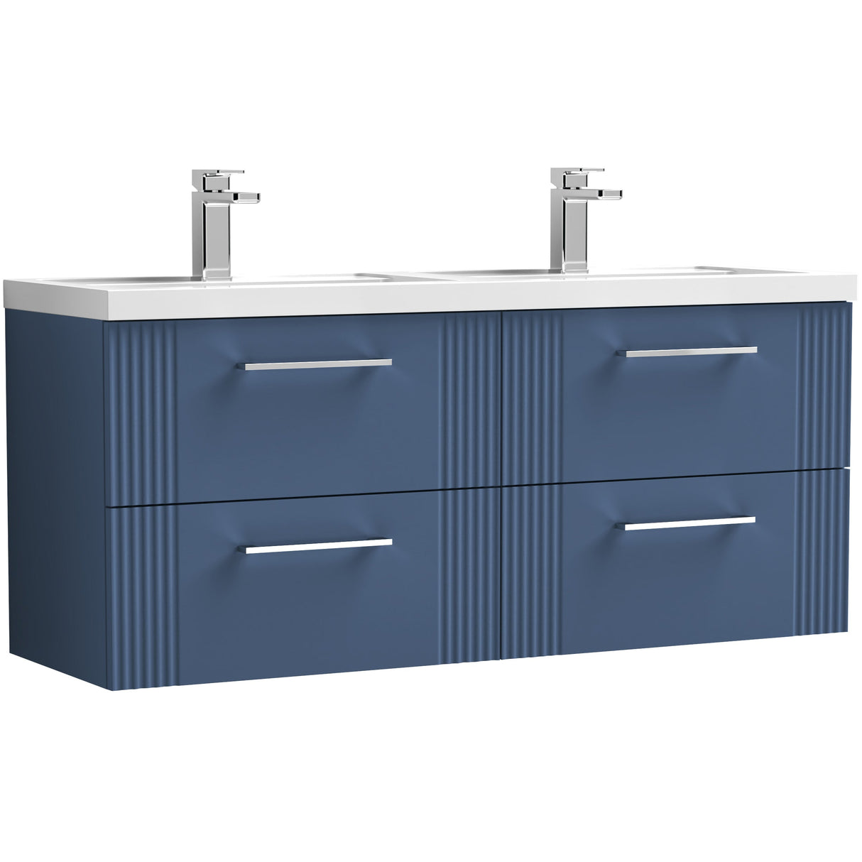 Nuie Deco 1200mm Wall Hung Double Basin Vanity Unit & Basin, 4 Drawers Satin Blue DPF393C