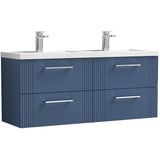 Nuie Deco 1200mm Wall Hung Double Basin Vanity Unit & Basin, 4 Drawers Satin Blue DPF393C