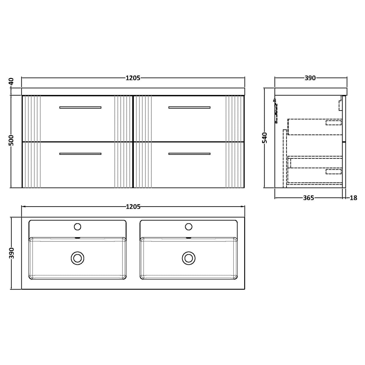 Nuie Deco 1200mm Wall Hung Double Basin Vanity Unit & Basin, 4 Drawers Satin Blue DPF393C LD