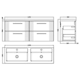 Nuie Deco 1200mm Wall Hung Double Basin Vanity Unit & Basin, 4 Drawers Satin Blue DPF393C LD