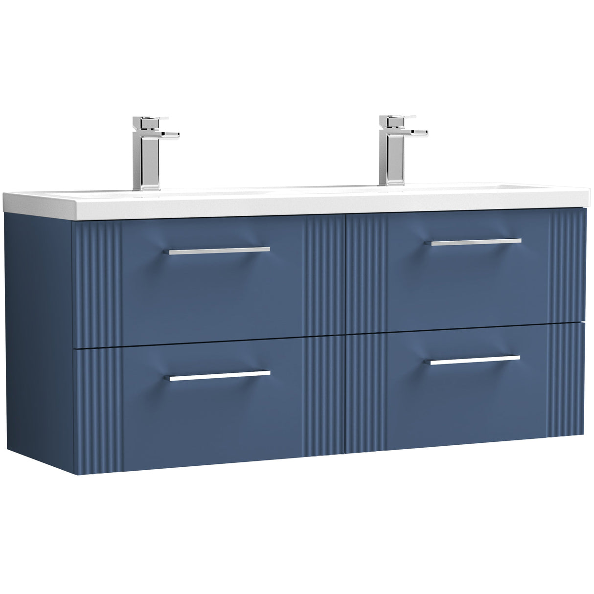 Nuie Deco 1200mm Wall Hung Double Basin Vanity Unit & Basin, 4 Drawers Satin Blue DPF393F