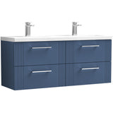 Nuie Deco 1200mm Wall Hung Double Basin Vanity Unit & Basin, 4 Drawers Satin Blue DPF393F