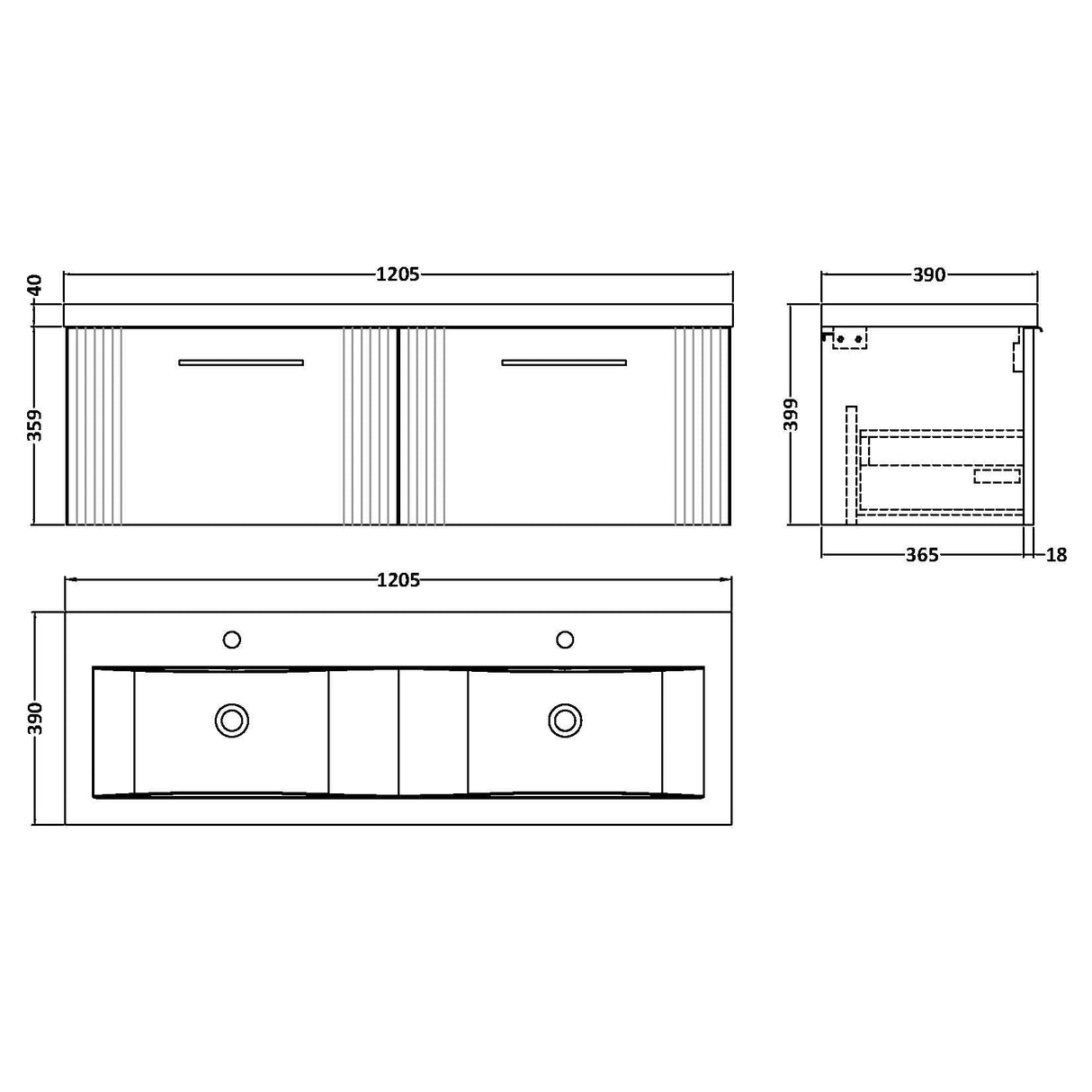 Nuie Deco 1200mm Wall Hung Double Basin Vanity Unit & Basin, 2 Drawers Satin Blue DPF394F LD