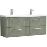 Nuie Deco 1200mm Wall Hung Double Basin Vanity Unit & Basin, 4 Drawers Satin Green DPF893F