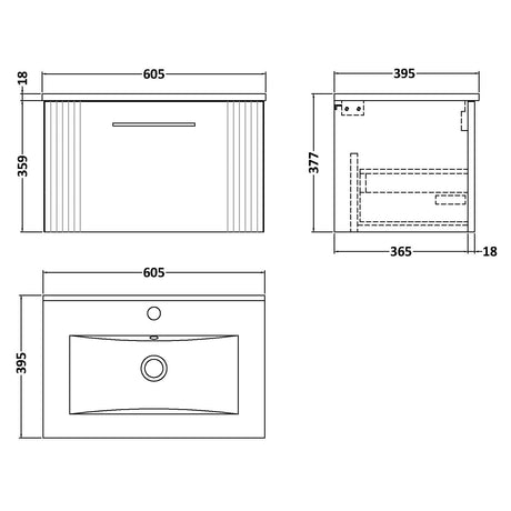 Nuie Deco 600mm Wall Hung 1 Drawer Vanity Unit & Basin Satin Green DPF894B LD