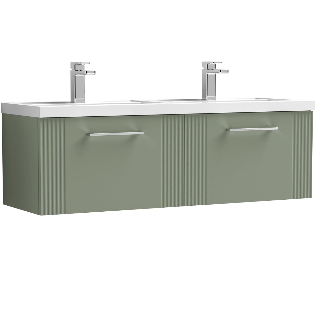 Nuie Deco 1200mm Wall Hung Double Basin Vanity Unit & Basin, 2 Drawers Satin Green DPF894C