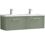 Nuie Deco 1200mm Wall Hung Double Basin Vanity Unit & Basin, 2 Drawers Satin Green DPF894C