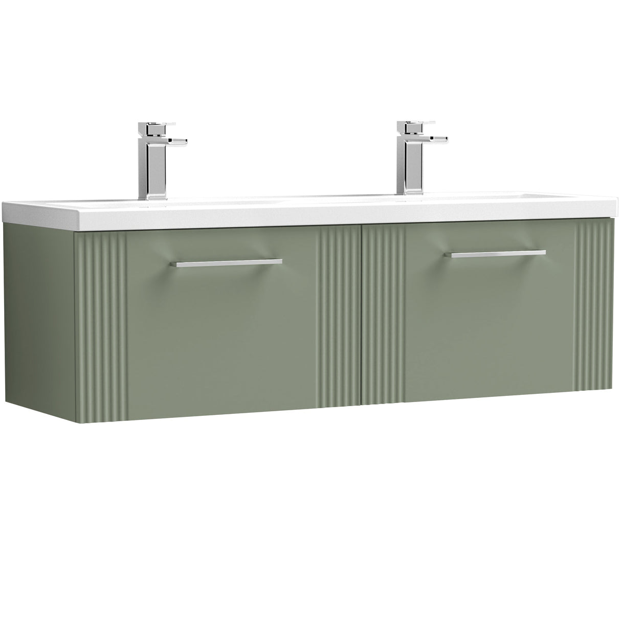 Nuie Deco 1200mm Wall Hung Double Basin Vanity Unit & Basin, 2 Drawers Satin Green DPF894F