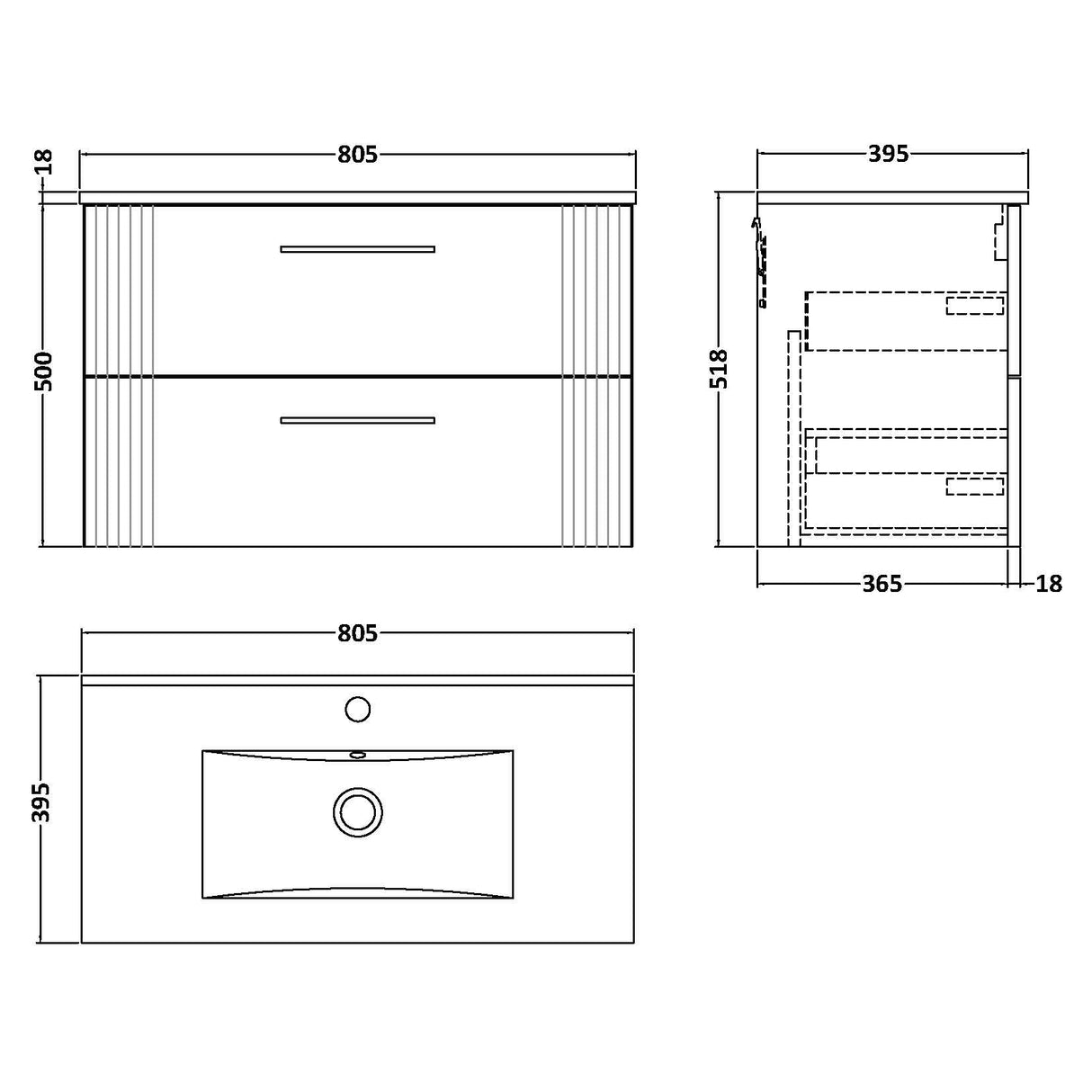 Nuie Deco 800mm Wall Hung 2 Drawer Vanity Unit & Basin Satin Green DPF895B LD