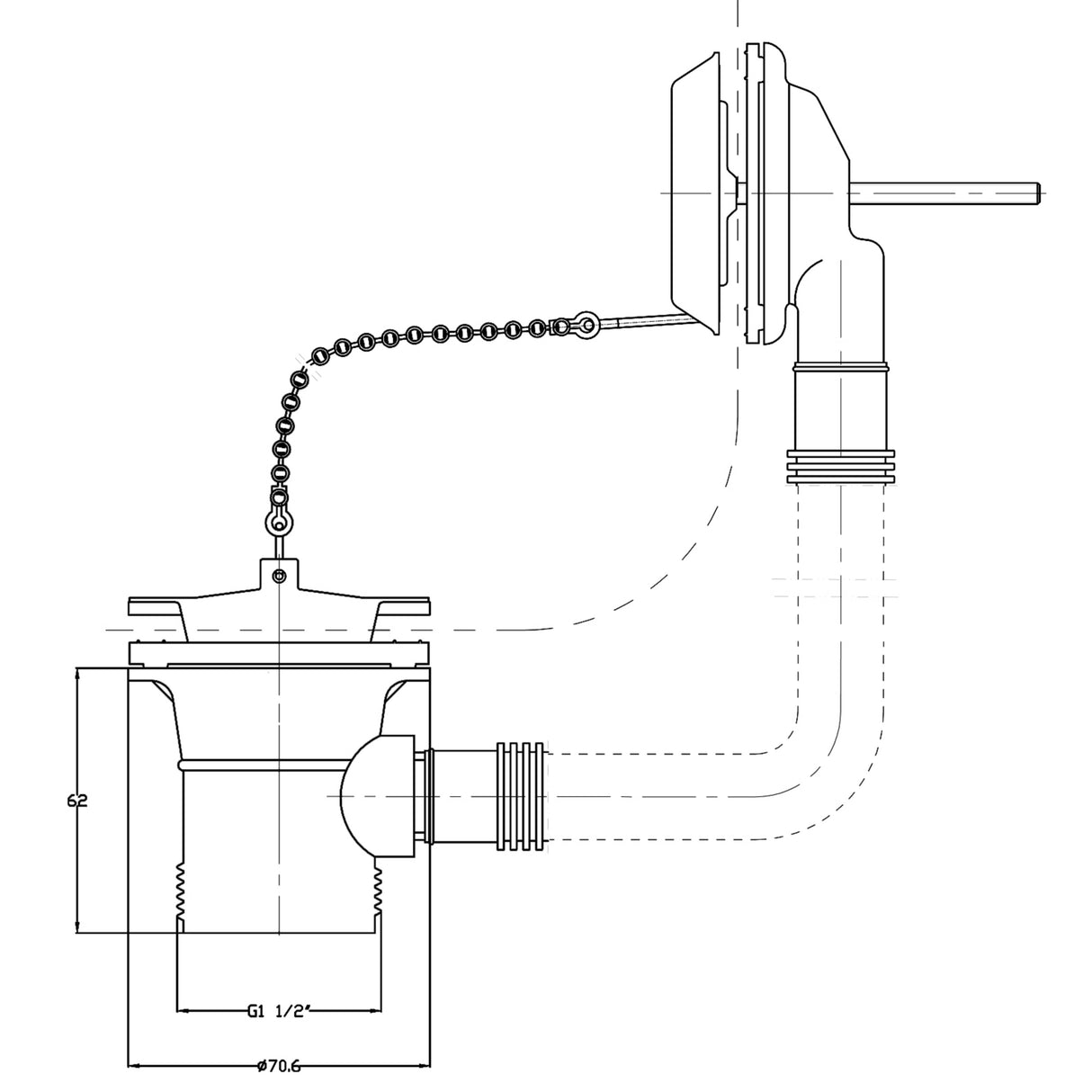 Nuie Retainer Bath Waste With Overflow - Brass Plug & Ball Chain Chrome E347 LD