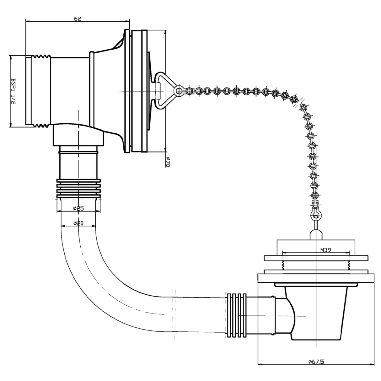 Nuie Contract Bath Overflow - Brass Plug & Ball Chain Waste Chrome E396 LD