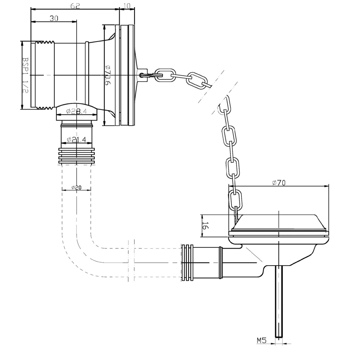 Nuie Extended Retainer Bath Waste With Overflow - Brass Plug & Link Chain Chrome EA329 LD