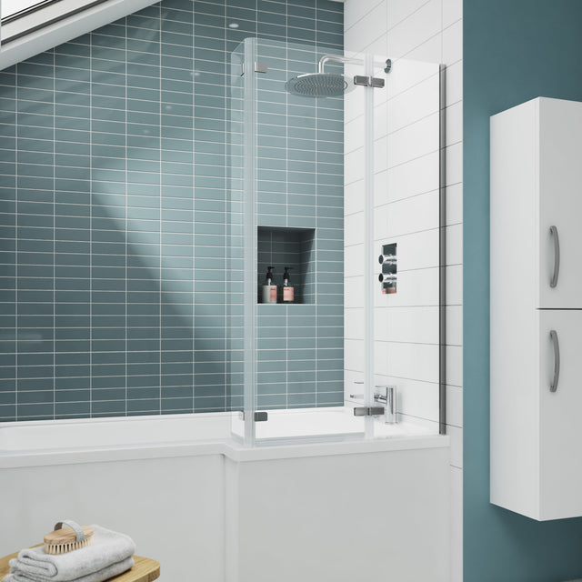 Nuie L-Shaped Fixed Bath Screen With Double Hinge - 5mm Glass (H1400 x W750-760mm) ERSBS0 LS1