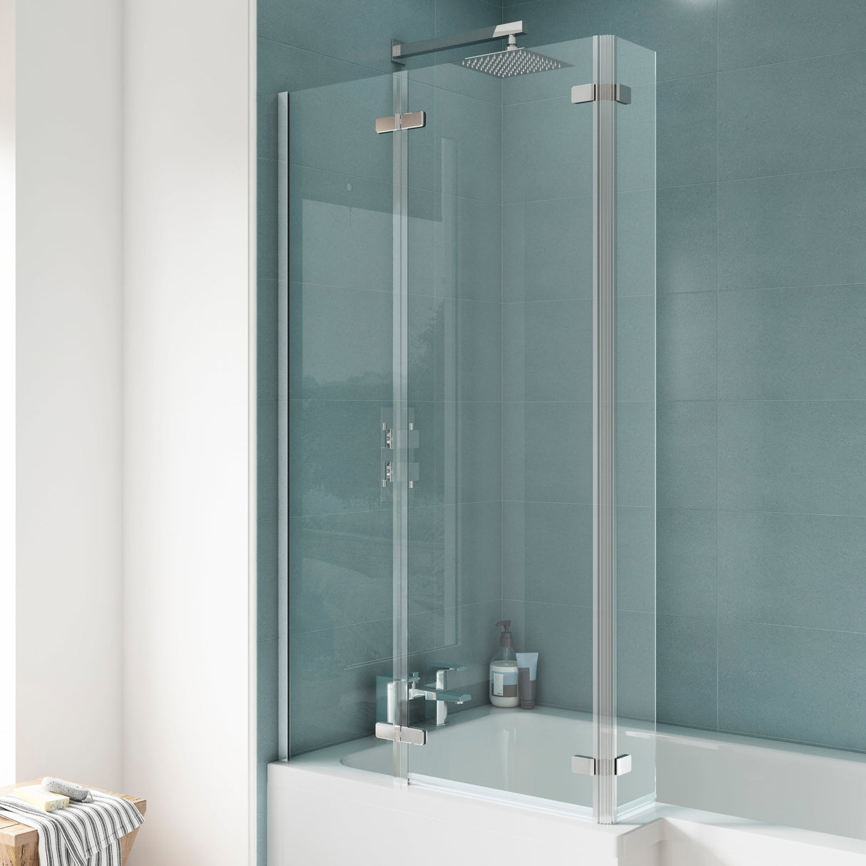 Nuie L-Shaped Fixed Bath Screen With Double Hinge - 5mm Glass (H1400 x W750-760mm) ERSBS0 LS2