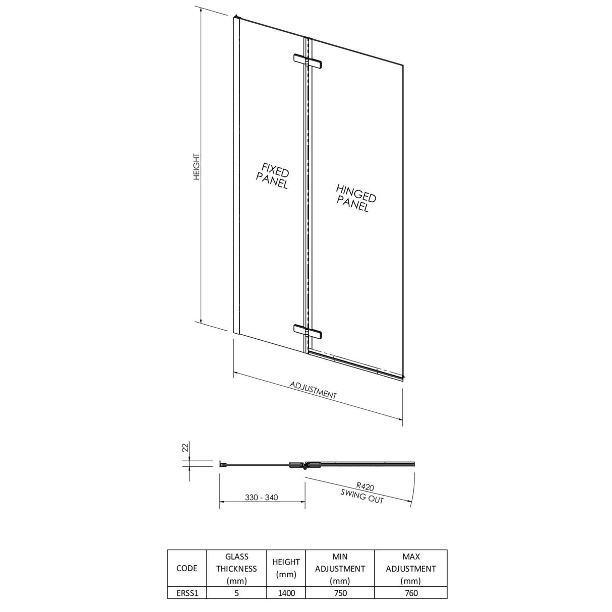 Nuie Square Fixed Bath Screen With Hinge - 5mm Glass (H1400 x W750-760mm) ERSS1 LD