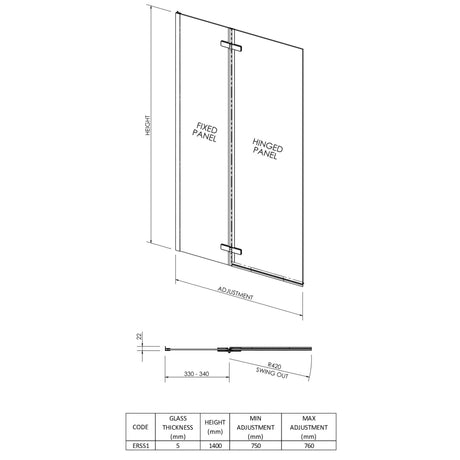 Nuie Square Fixed Bath Screen With Hinge - 5mm Glass (H1400 x W750-760mm) ERSS1 LD