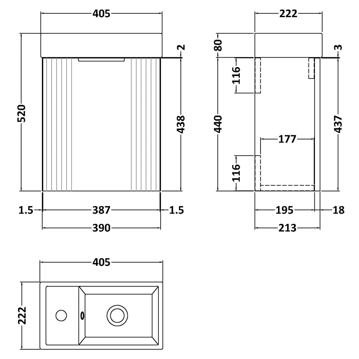 Nuie Deco Compact 400mm Wall Hung 1 Door Vanity Unit & Basin Soft Black FLT1490 LD