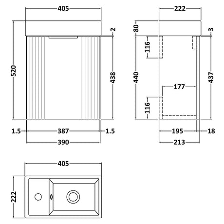 Nuie Deco Compact 400mm Wall Hung 1 Door Vanity Unit & Basin Satin White FLT190 LD