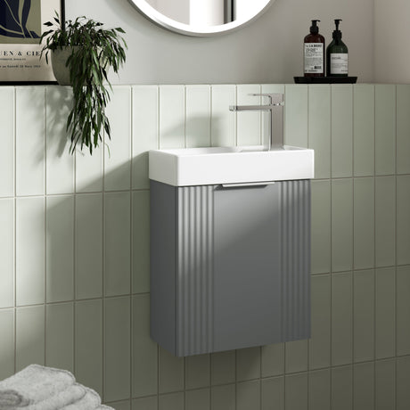Nuie Deco Compact 400mm Wall Hung 1 Door Vanity Unit & Basin Satin Grey FLT290 LS