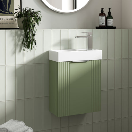 Nuie Deco Compact 400mm Wall Hung 1 Door Vanity Unit & Basin Satin Green FLT890 LS3