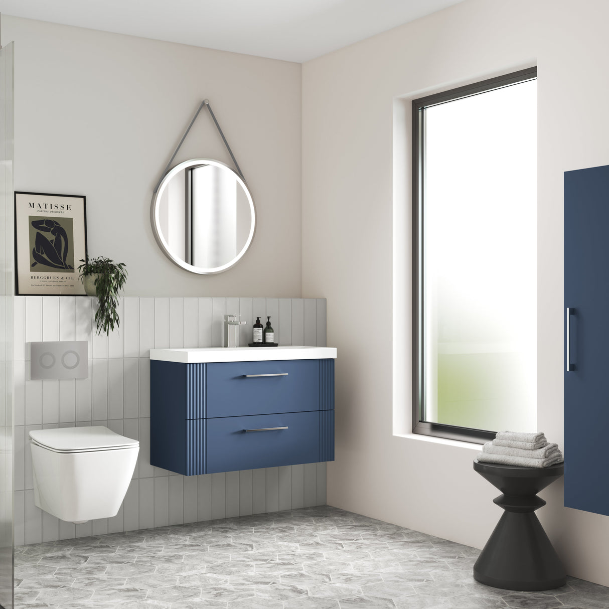 Nuie Deco 500mm Wall Hung 2 Drawer Vanity Unit & Basin Satin Blue LS