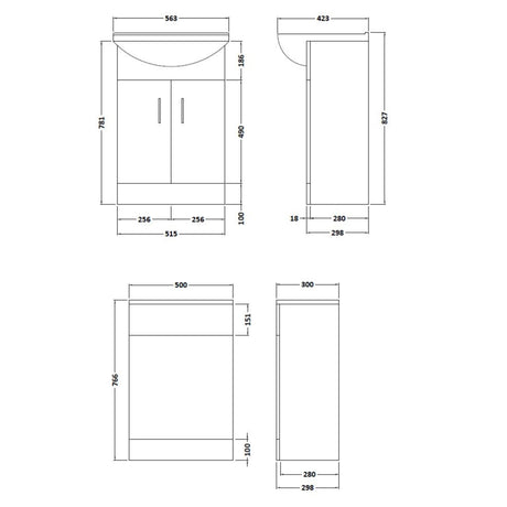 Nuie Saturn Toilet & Basin Suite W1063mm - 2 Door Vanity Unit Gloss White FMD001 LD