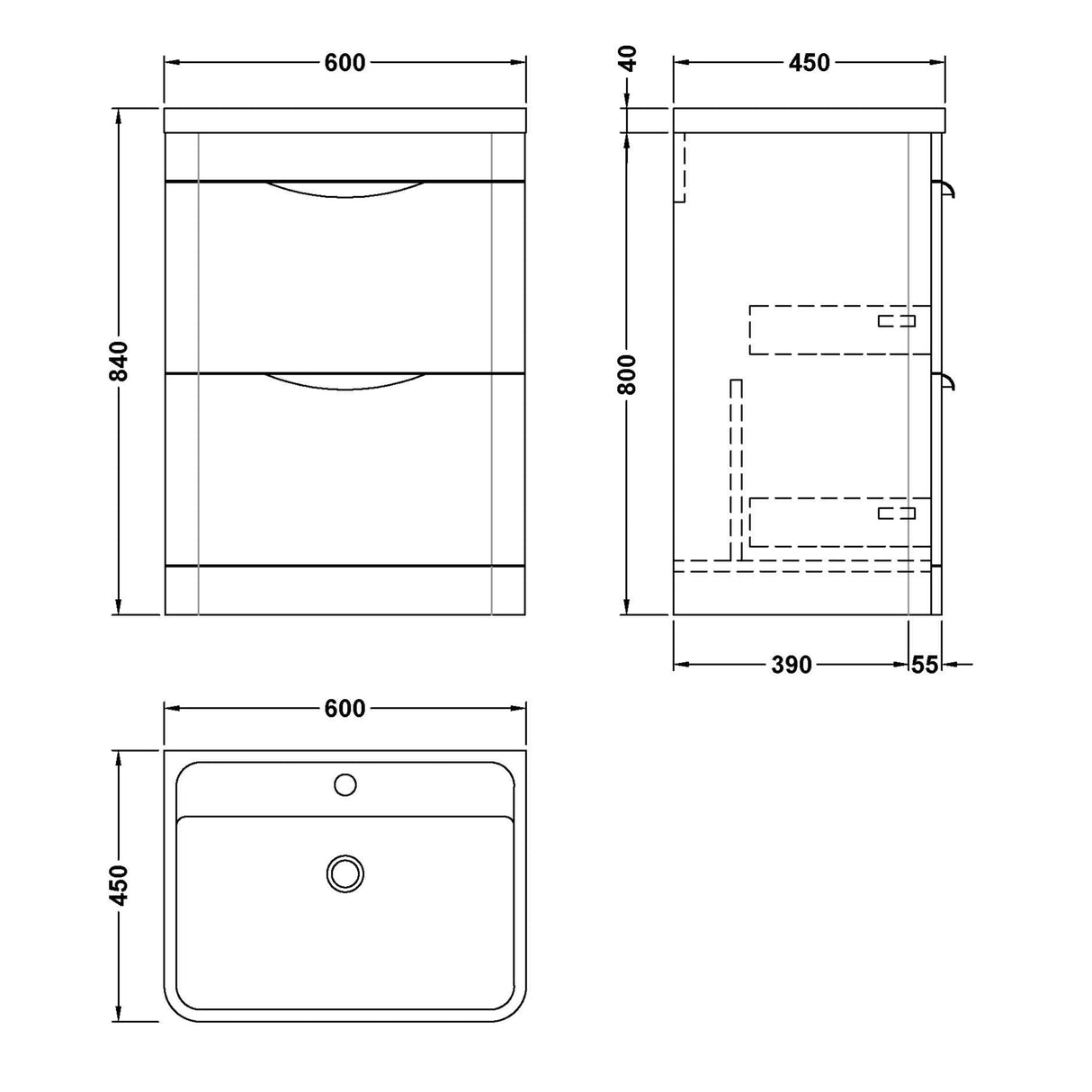 Nuie Parade 600mm Freestanding 2 Drawer Vanity Unit & Basin Gloss White FPA001 LD