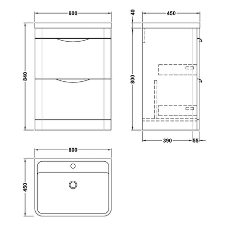 Nuie Parade 600mm Freestanding 2 Drawer Vanity Unit & Basin Soft Black FPA1401 LD