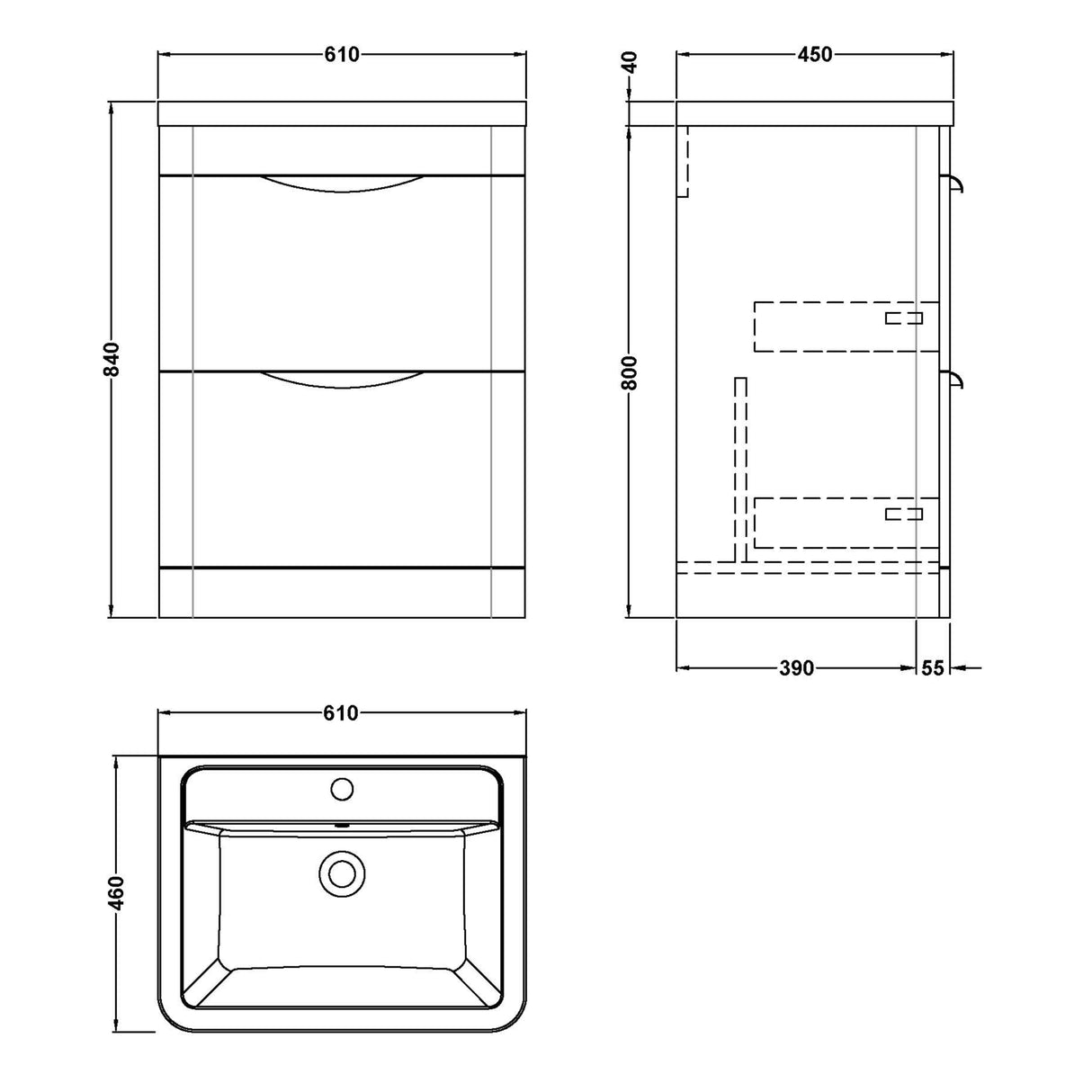 Nuie Parade 600mm Freestanding 2 Drawer Vanity Unit & Basin Soft Black FPA1401A LD