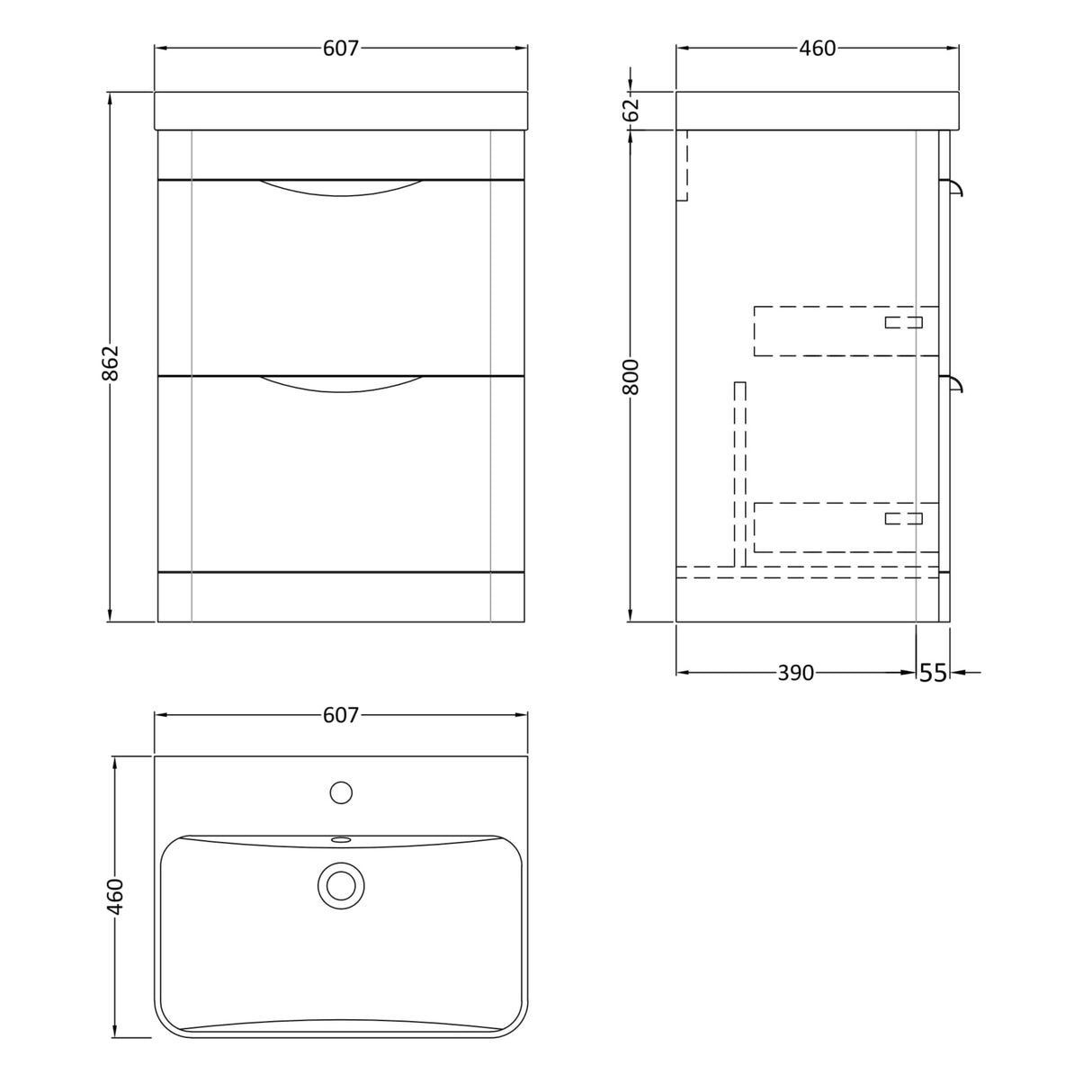 Nuie Parade 600mm Freestanding 2 Drawer Vanity Unit & Basin Soft Black FPA1401B LD