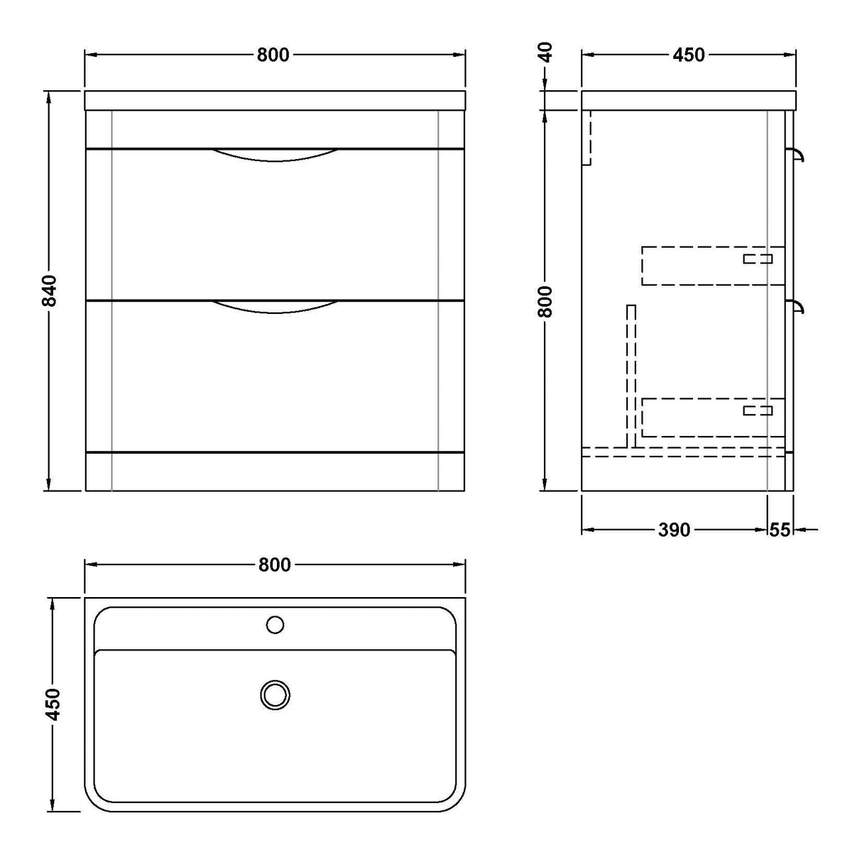 Nuie Parade 800mm Freestanding 2 Drawer Vanity Unit & Basin Soft Black FPA1404 LD