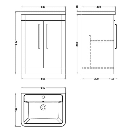 Nuie Parade 600mm Freestanding 2 Door Vanity Unit & Basin Soft Black FPA1410A LD