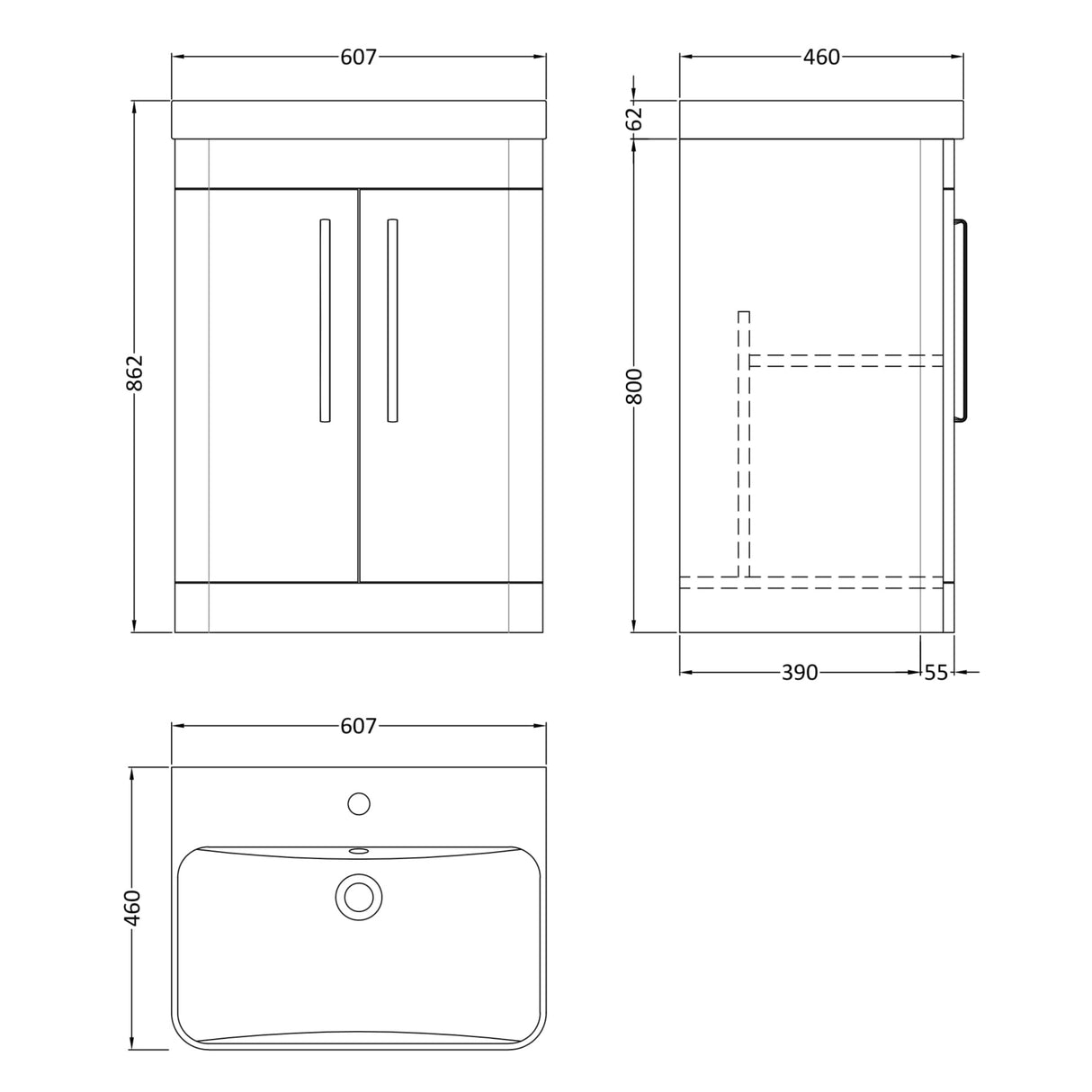 Nuie Parade 600mm Freestanding 2 Door Vanity Unit & Basin Soft Black FPA1410B LD
