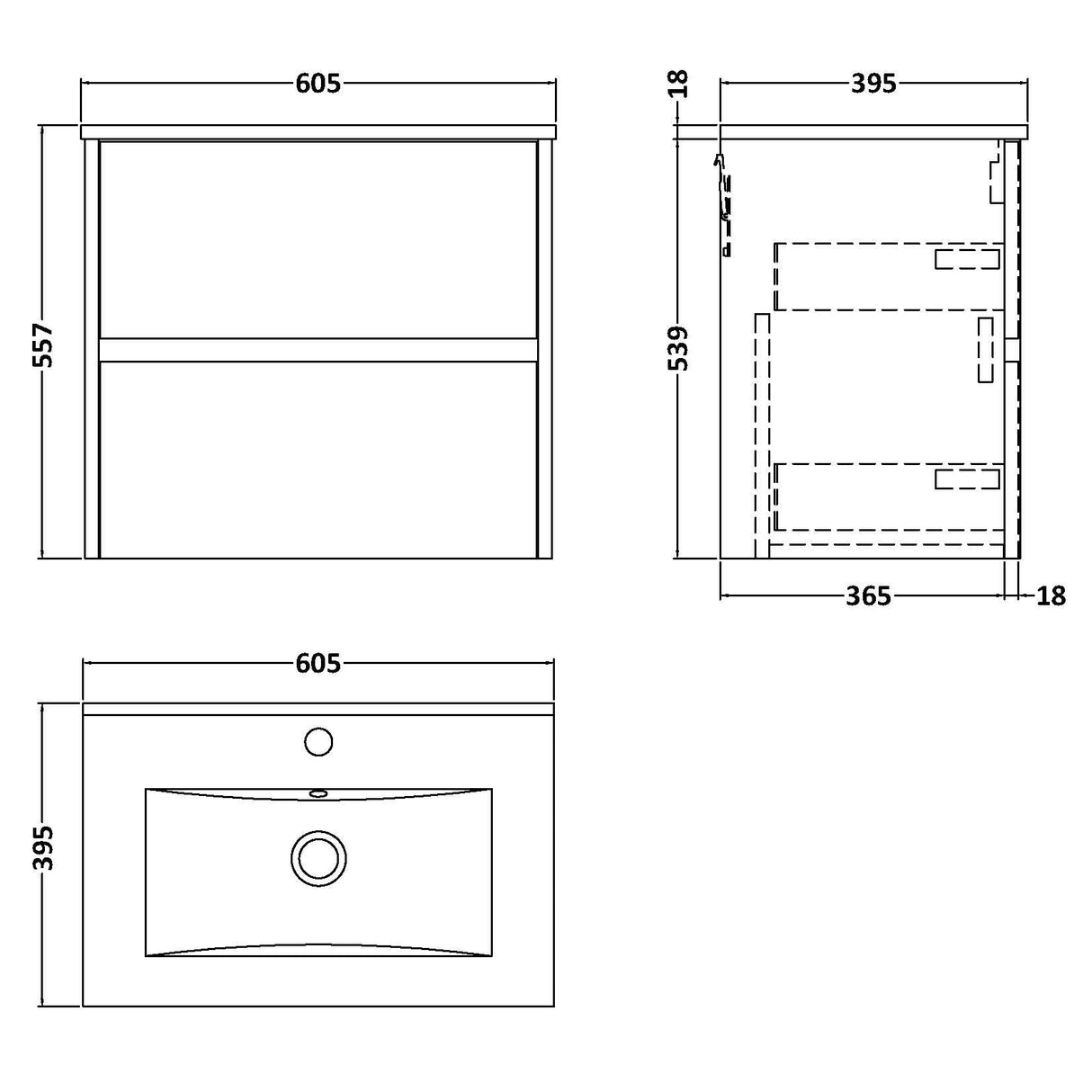Nuie Havana 600mm Wall Hung 2 Drawer Vanity Unit & Basin Graphite Grey HAV2204B LD