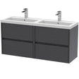 Nuie Havana 1200mm Wall Hung 4 Drawer Vanity Unit & Double Basin Graphite Grey HAV2204C
